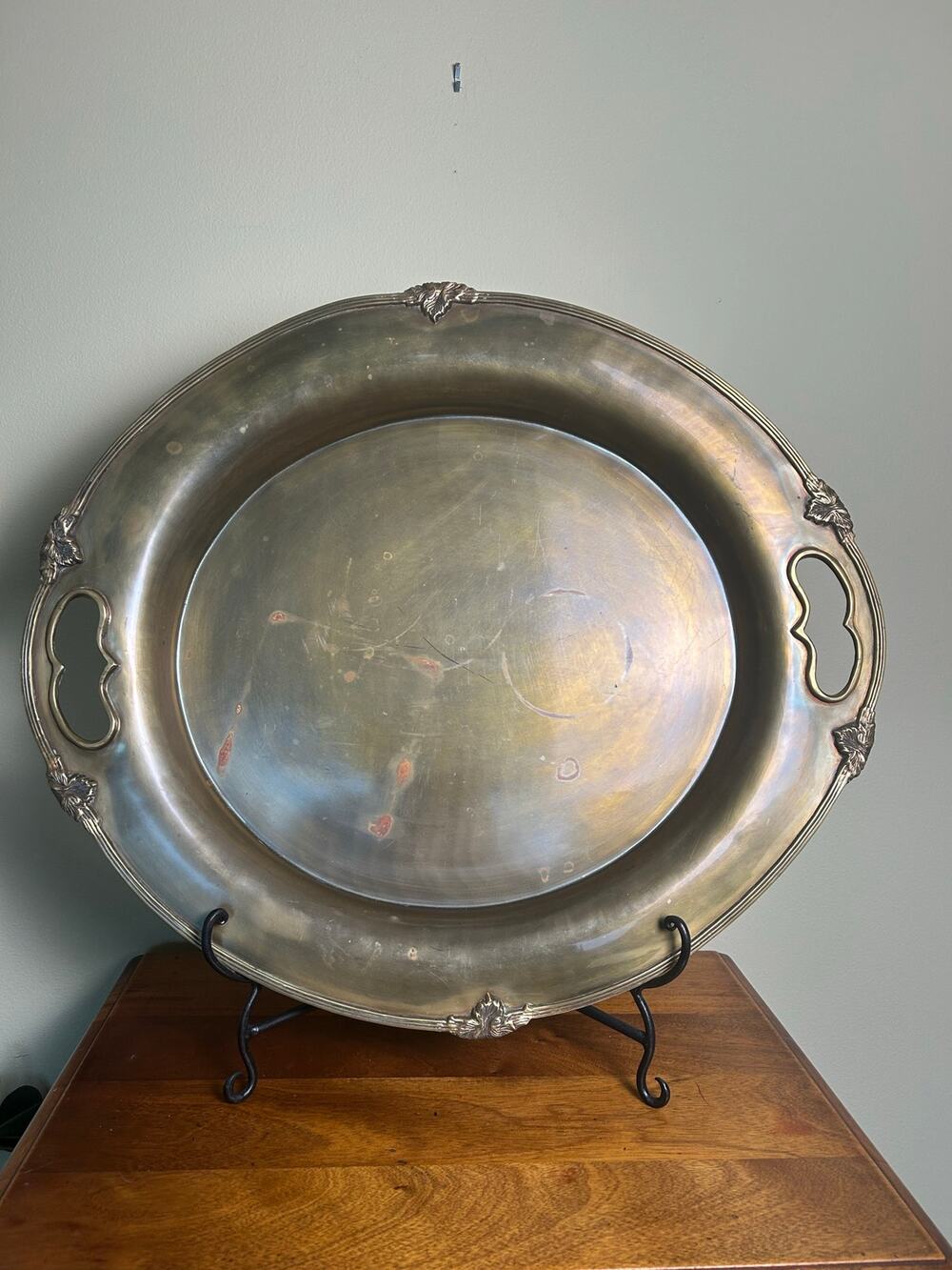 Vintage Victorian Style Solid Brass Oval Serving Tray, Ornate Scroll Handles